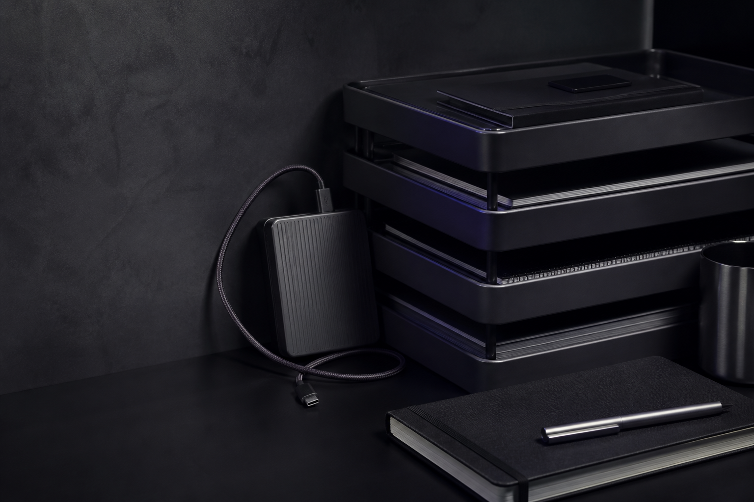Dark storage workspace with research artifacts